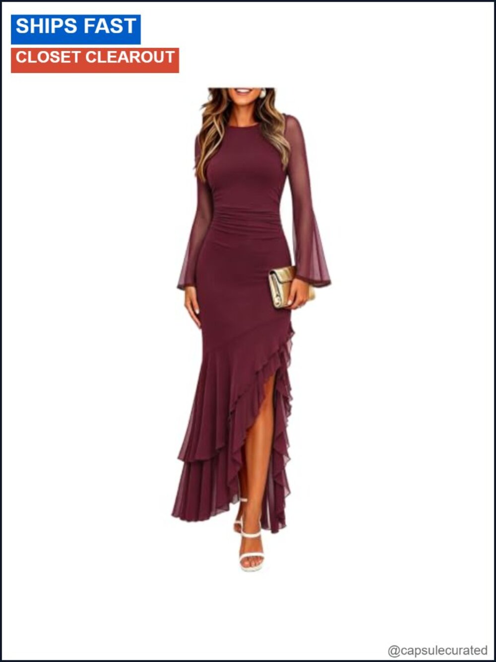 Women's Ruched Bodycon Long Sleeve Mesh Maxi Dress Mermaid Cocktail Formal